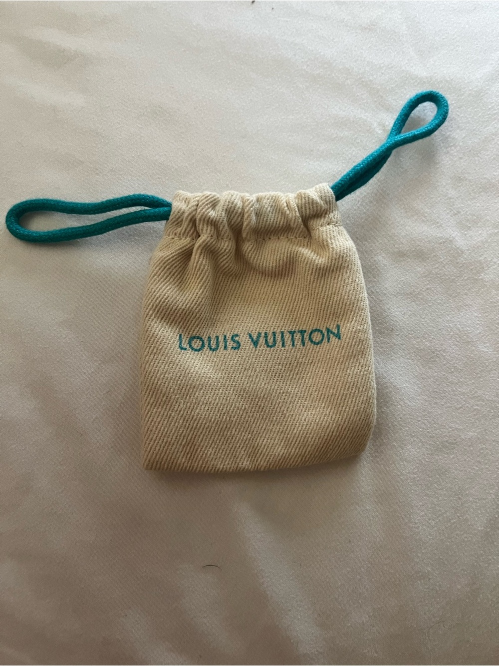 Louis Vuitton Cream Canvas Drawstring Pouch with Teal Accents